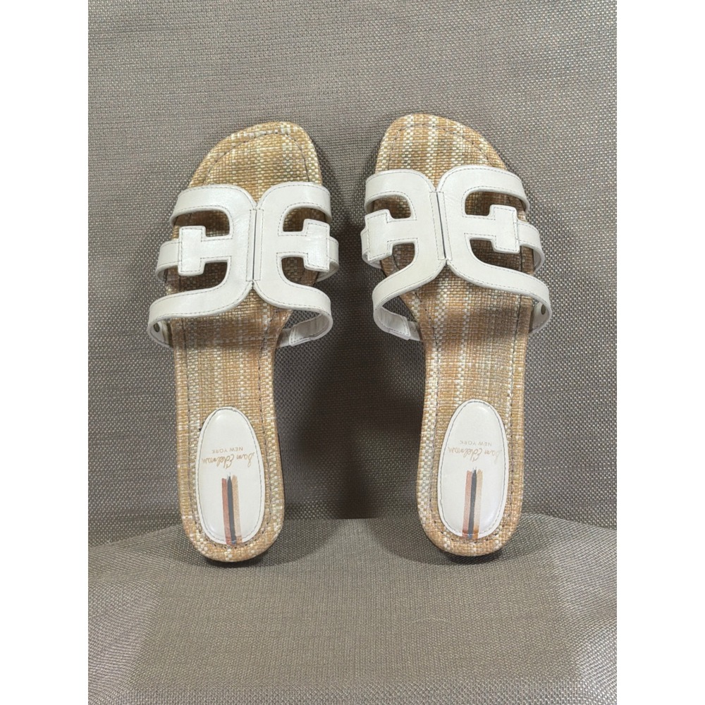 Sam Edelman Bay Sandals Women's 9 White Leather Raffia Slide Cutout Flat Shoes